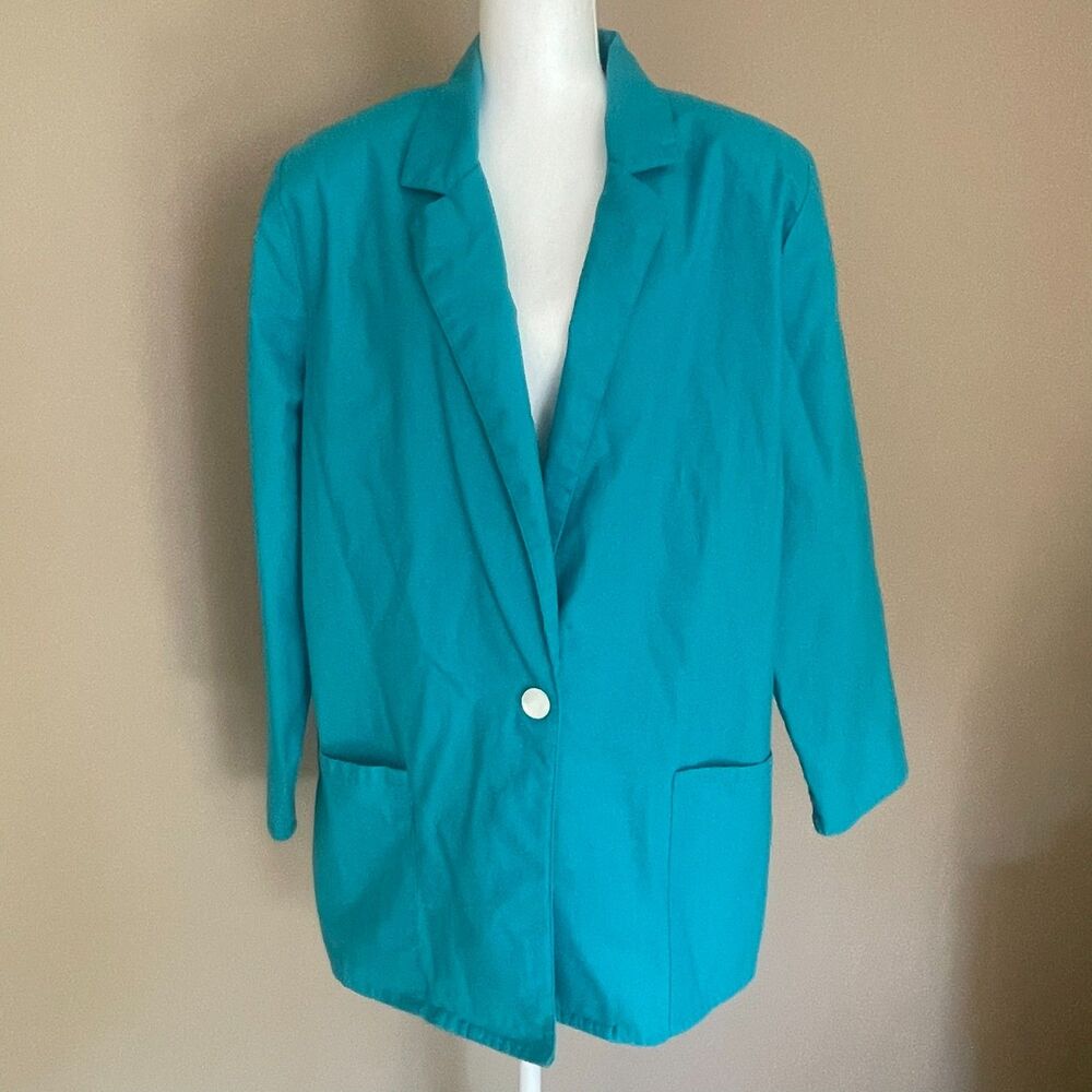 Michele Leslie Blazer Womens Size M Cotton Teal Vintage Minimalist Classic